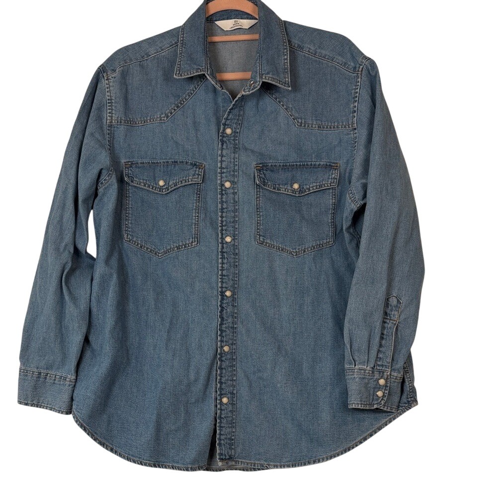 Men's Western Blue Denim Long Sleeve Button-Up Shirt With Pearl Snaps Medium